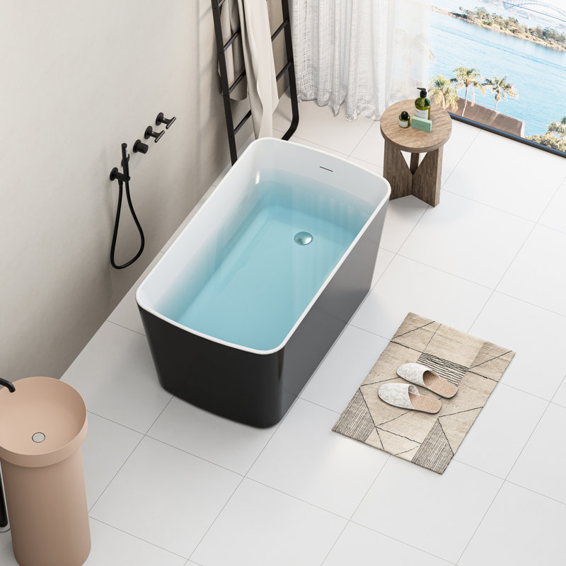 49 - Inch Square Shape Acrylic Soaking Tub, Glossy Black, Overflow And Drain, , Simple To Clean, Compact For Urban Homes Freestanding 49'' Japanese Bathtub With Black Finish, Stain Acrylic, Spacious