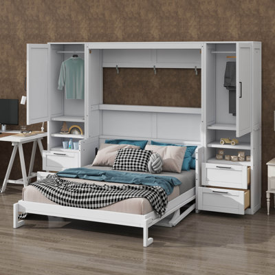 Lit escamotable mural avec grande armoire, tiroirs et tablettes multiples Murphy