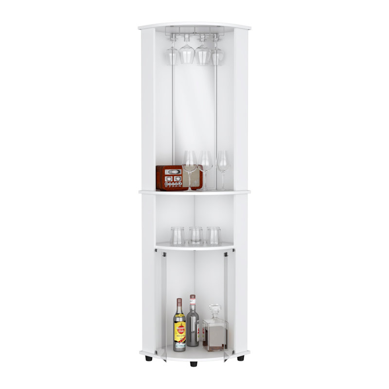 Armoire de bar en coin à miroir H 75 po Chicago, avec portes en verre, deux tablettes et verres à pied blanc