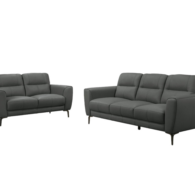 Anthracite Gray Top Grain Leather 2Pc Sofa Set Sofa And Loveseat Contemporary Living Room Furniture Full Leather Couch