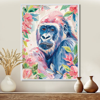 «Pink Blue Gorilla Portrait Blooms I», impression d'art mural Gorillawall