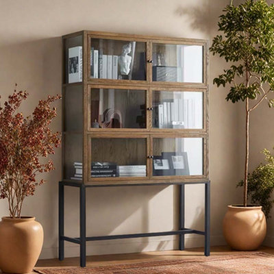 Solid wood frame bookcase with glass doors