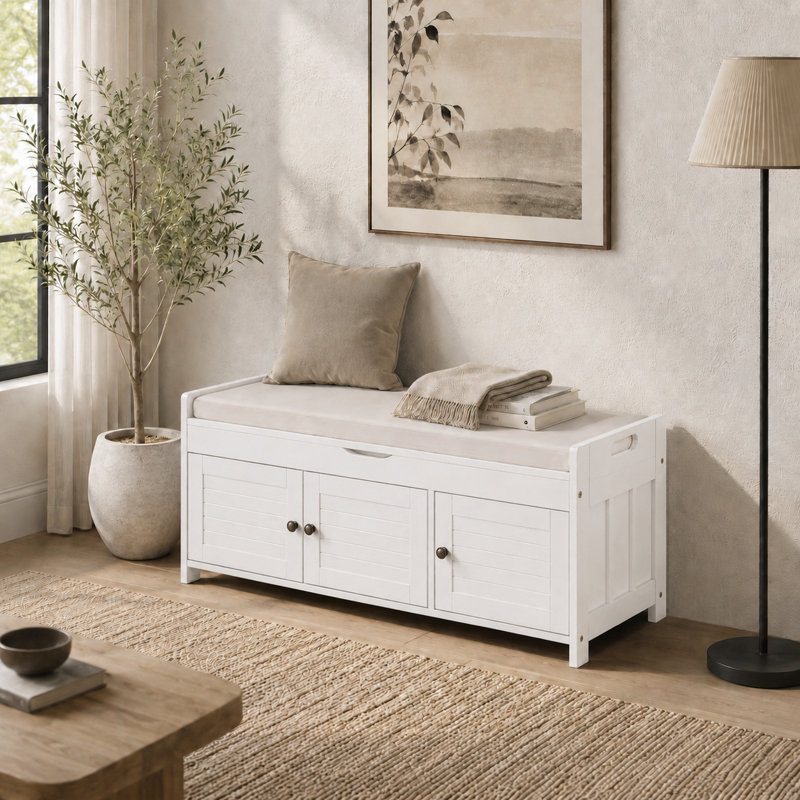 Linen Blend Upholstered Storage Bench, White