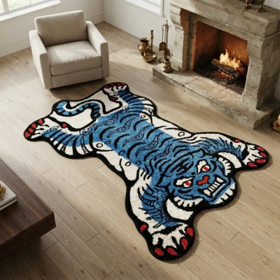Tapis d'intérieur 90 x 150 cm à motif tigre tibétain, lavable à la machine, avec envers antidérapant en TPR - Décoration pour chambre, salle de bain, salon et salle à manger, bleu