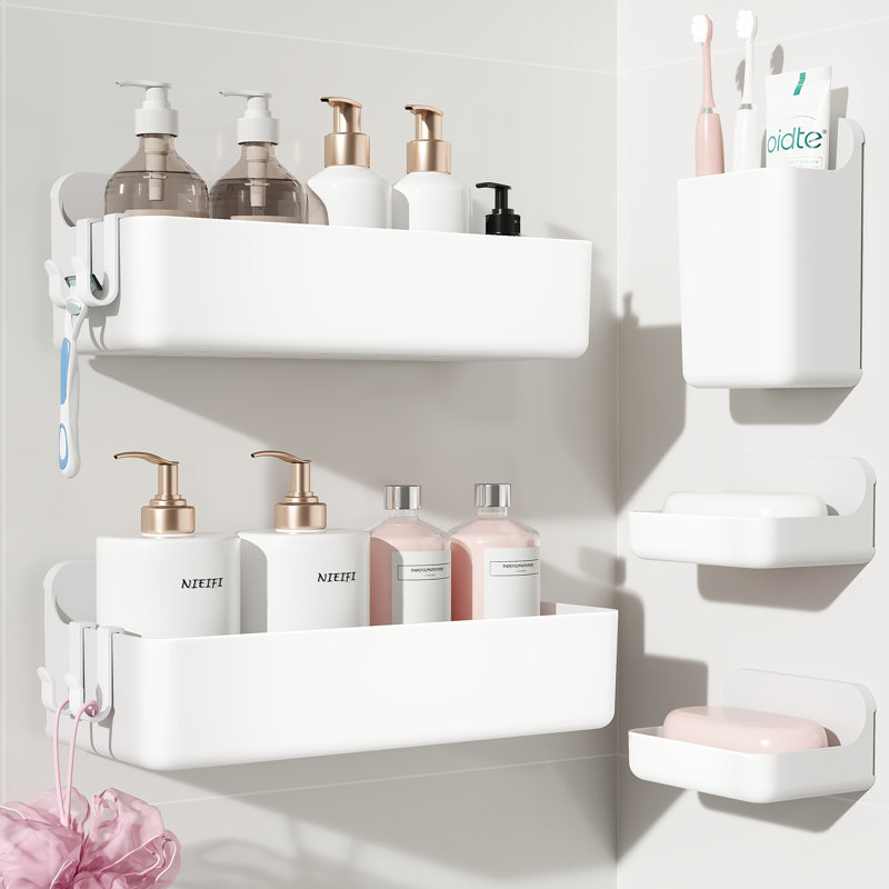  Support de rangement mural en plastique blanc 5 pièces sans crochet avec porte-savon, organisateur de douche et accessoires de salle de bain