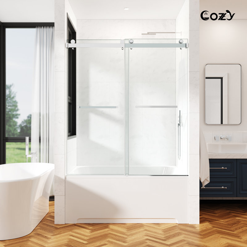 68-73" W x 66" H Frameless Double Sliding Tub Door with 3/8" (10mm) Clear Tempered Glass, Shatter-Resistant Film & Installation Hole Locator