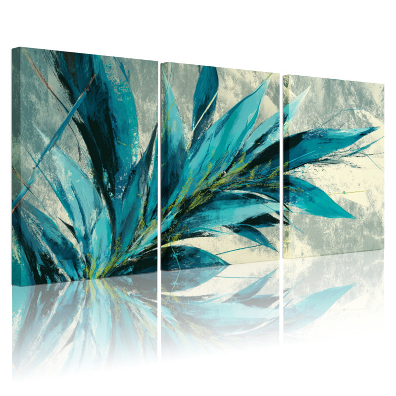 Ensemble de 3 tableaux abstraits à motifs de feuilles bleues sur toile tendue, H 18 po x l 36 po
