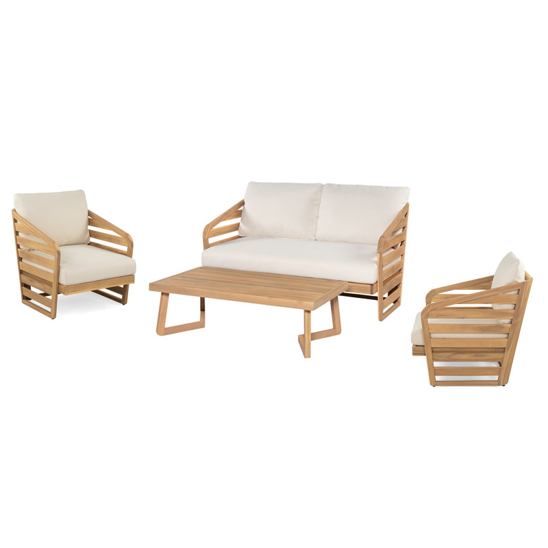  Ensemble de conversation d'extérieur en bois d'acacia avec coussins 4 pièces, beige