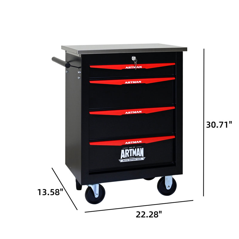 Rangement à 4 tiroirs en métal pour chariot à outils sur roulettes avec plateau en acier inoxydable - Noir, Noir / Rouge