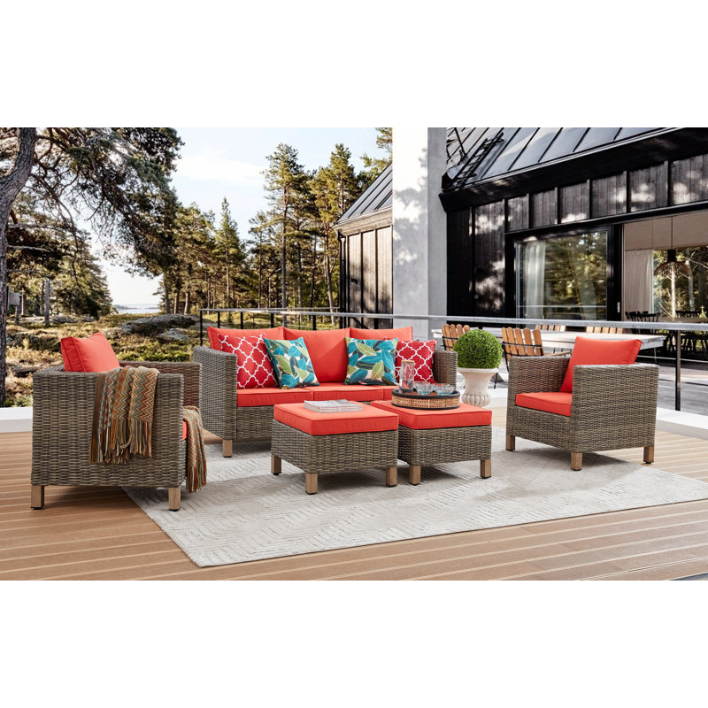 Brezae Wicker 5 - Person Patio Conversation Set with Cushions, Orange