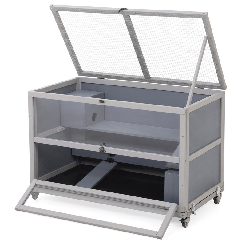 Cage en bois pour hamster et cage à gerbilles avec tunnels, plateau amovible, roulettes, plateau et avant ouverts, cage à petits animaux pour souris et rat, gris