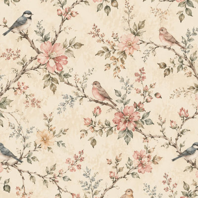 Peel and Stick Wallpaper Vintage Floral Bird Blush Pink Blossoms Watercolor Branches Contact Paper Removable Self Adhesive Wall Mural Wall Decor for Bedroom Kitchen Cabinets 17.7in x 118in