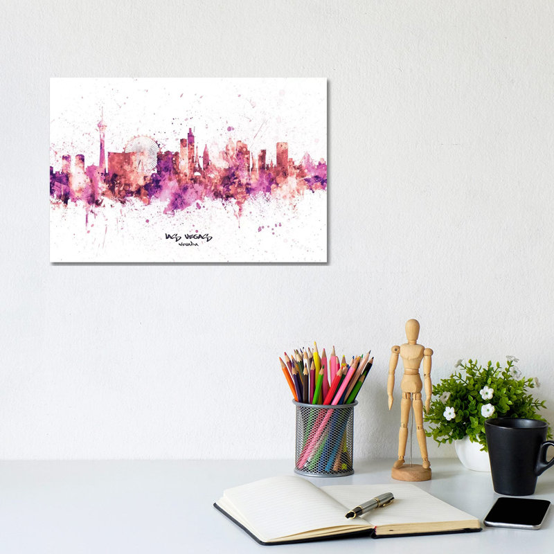 Las Vegas Nevada Skyline Splash Pink by Michael Tompsett - 1 Piece Wrapped Canvas Wall Art, 20.32 cm H x 30.48 cm W