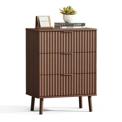 Modern Fluted 3-Drawer Nightstand – Curved Tambour Design Bedside Table with Storage, MDF Wood End Table