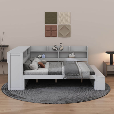 Lit de jour en bois avec ports USB, lit d'angle en bois avec armoires de rangement, étagère à chaussures et rangement sous le lit