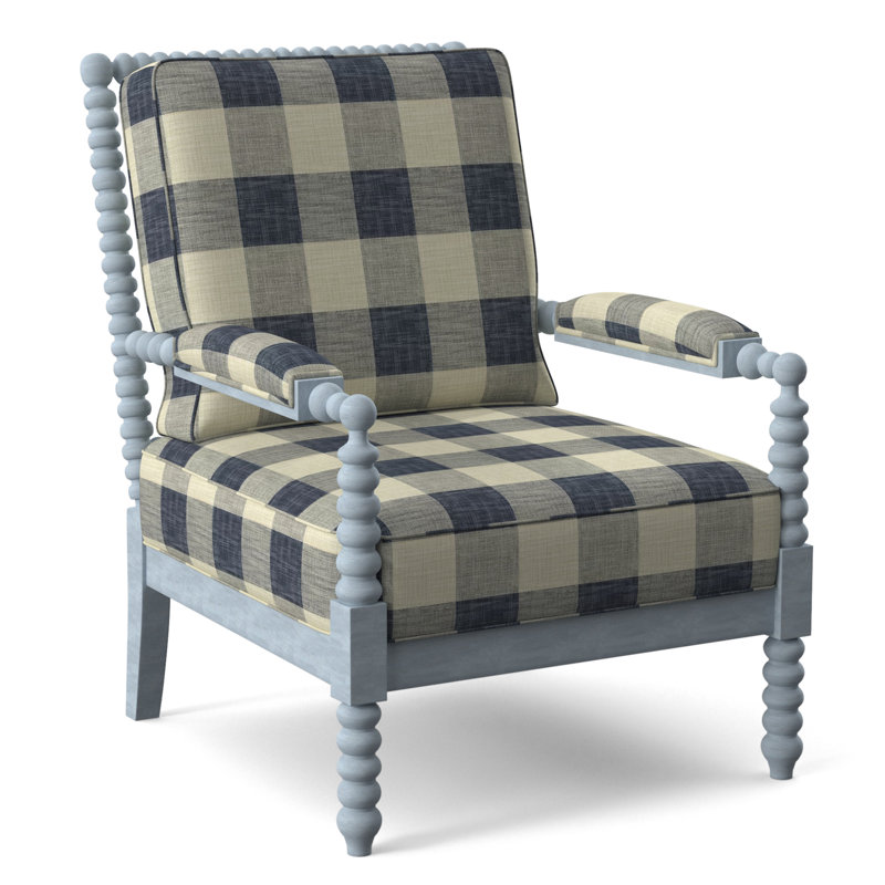 Lind Island 29" Wide Lounge Chair, Blue Buffalo Check; 0120-61, Sea Glass Finish