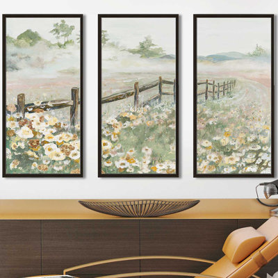 " Fence With Flowers " 3 - Pieces Painting Print