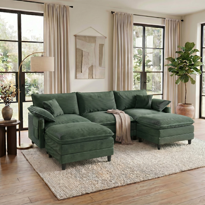 Canapé d'angle modulaire en forme de U de 274 cm avec 2 poufs, pouf avec rangement et table basse intégrée, canapé 3 places en velours côtelé avec poche latérale, vert