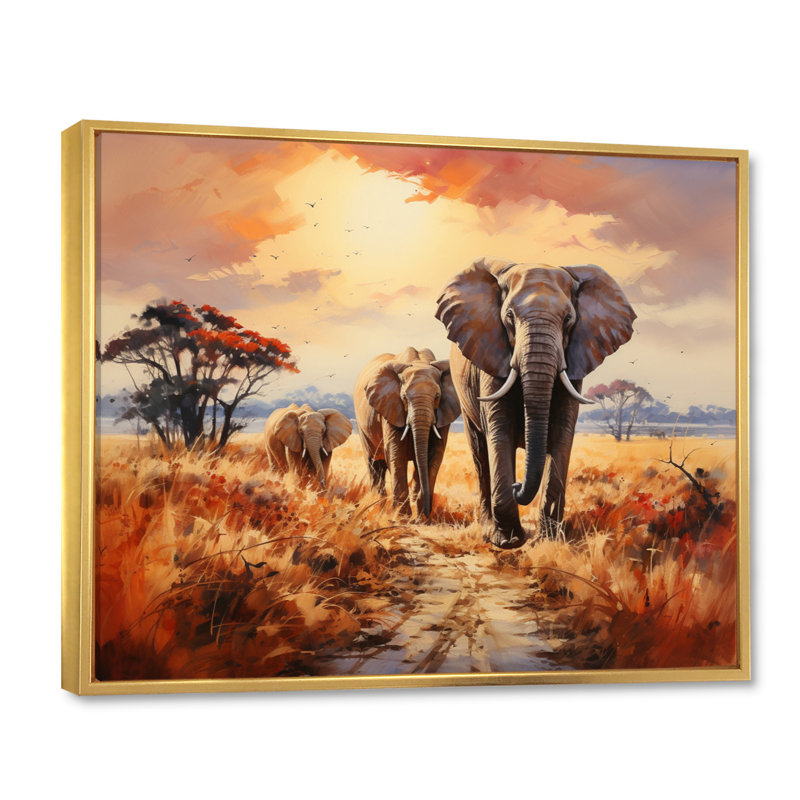 Éléphant d'Afrique, prairies d'Afrique I, reproduction sur toile, H 24 po x l 32 po x P 1 po, Cadre flottant doré