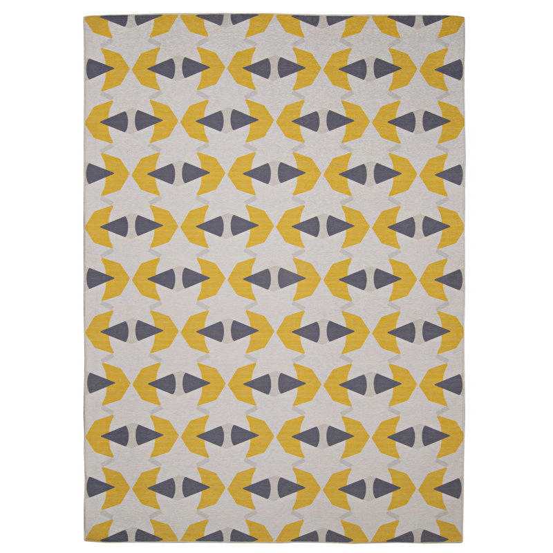 Kivett Midcentury Ivory and Yellow Indoor Outdoor Machine Washable Rug, Rectangle 7' x 9'