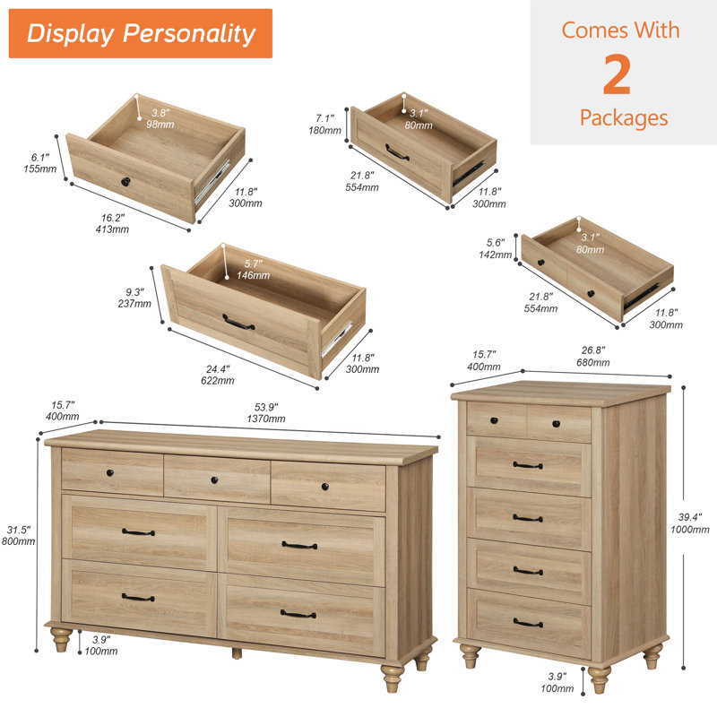 Ensemble de commode 2 pièces Scarlett - Comprend une commode à 5 tiroirs et une commode à 7 tiroirs, Chêne