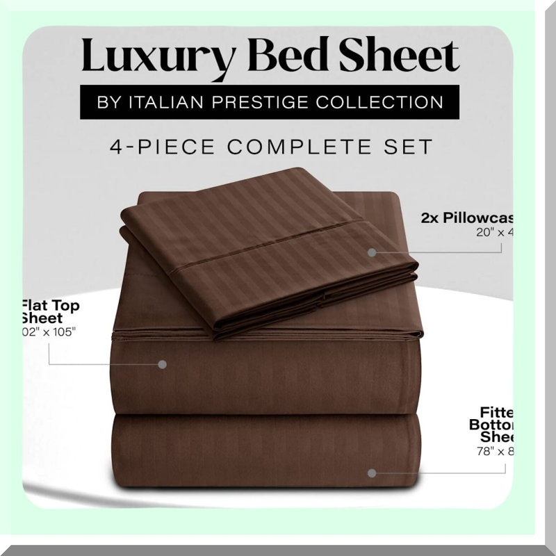 Luxury Italian Stripe Microfiber Bedding Set - Deep Pocket 4-Piece Sheet Set - Wrinkle, Stain, Fade Resistant - Chocolate Brown Prestige Collection