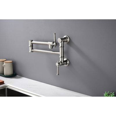 Robinet remplisseur moderne en laiton - Fixation murale, bras pivotant à deux attaches, nickel brossé, prévention de l'égouttement, laiton à circulation d'eau douce, poignées doubles, nickel pliable, goutte, silencieux