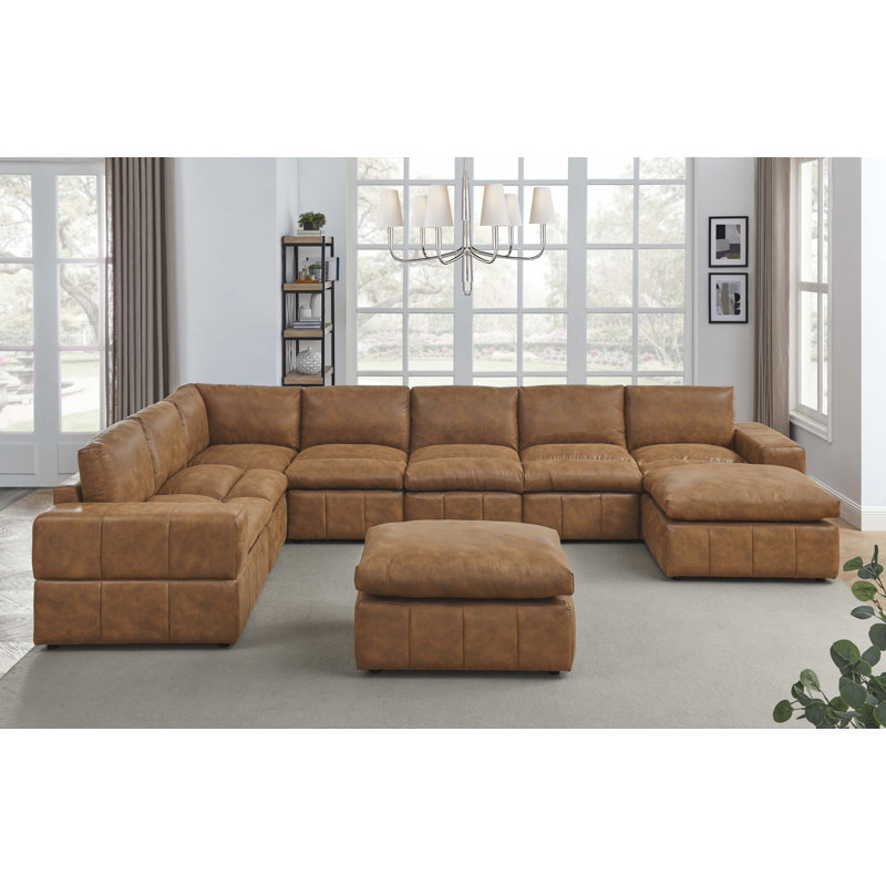Canapé modulaire de coin avec repose-pieds Sphira, Similicuir brun rougeâtre