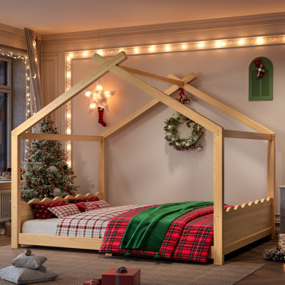 Queen Size Kids House Floor Bed with Solid Wood Frame, Playhouse Design, Support Slats, No Box Spring, Natural