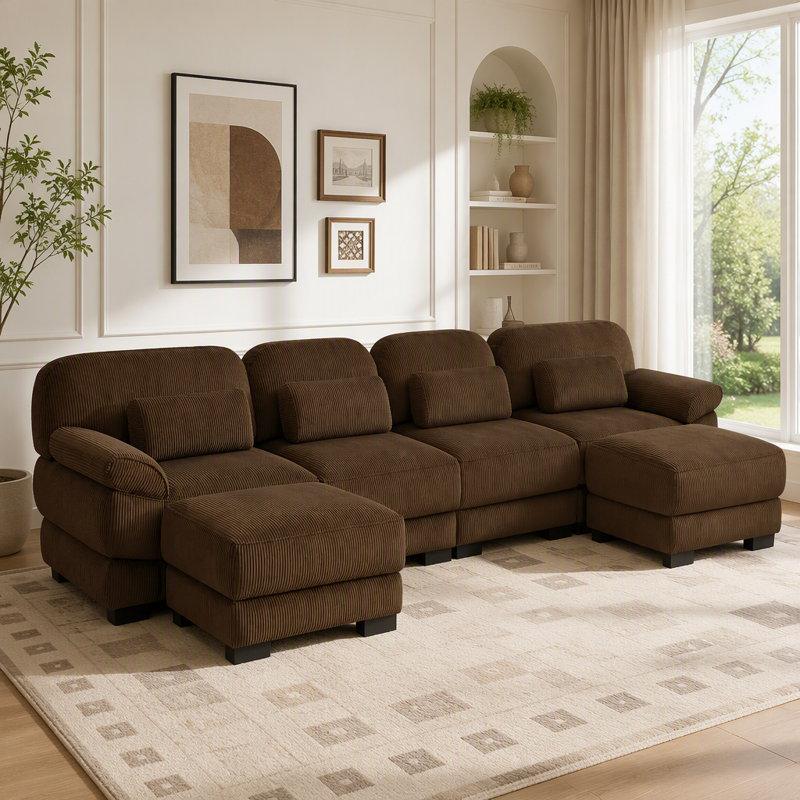 Canapé Cloud en U avec 2 repose-pieds, brun, 4-Seater & 2-Ottoman, Brown