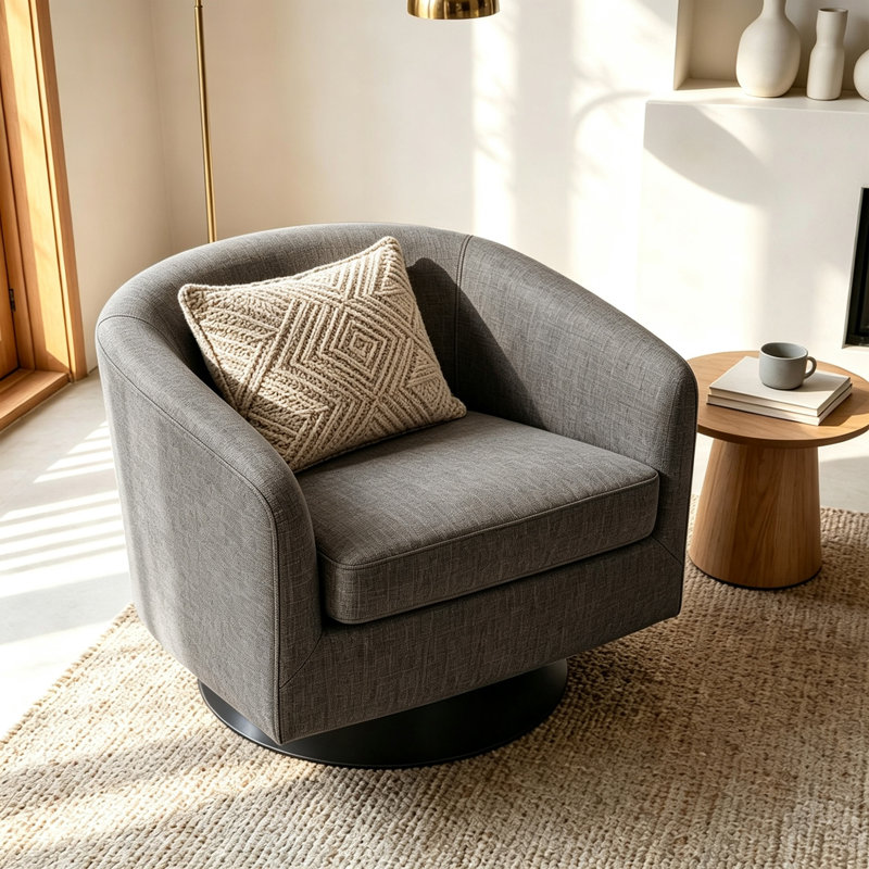 Applewold Swivel Barrel Chair with Solid Wood Frame, Gray Fabric