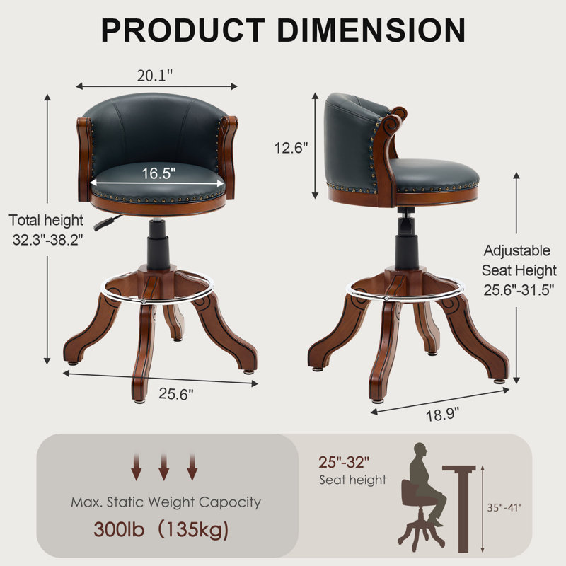 Tabouret de bar pivotant réglable en cuir véritable avec structure en bois massif, Bleu