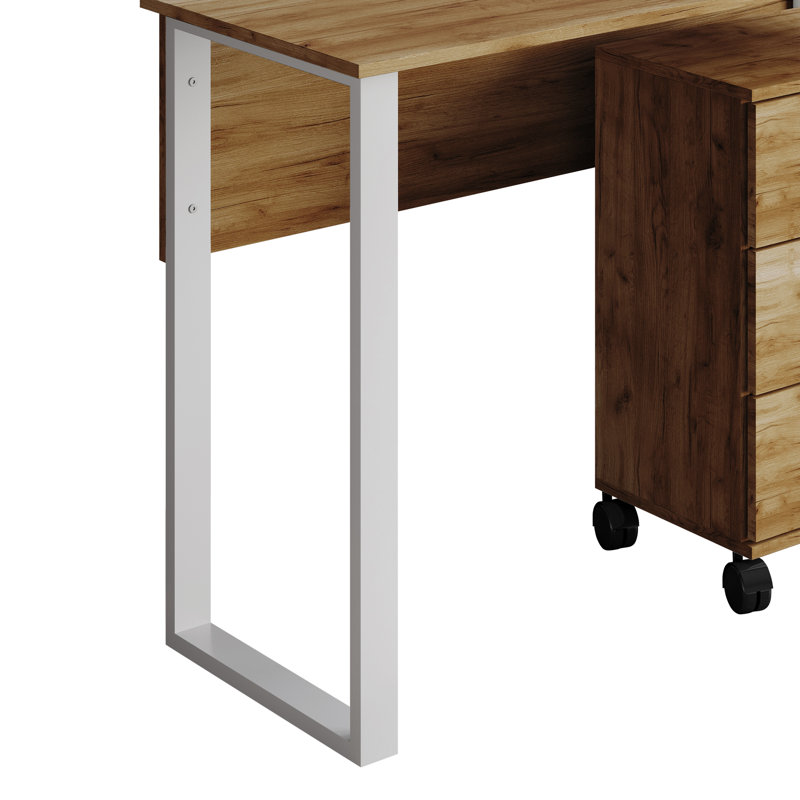Bureau Modern Modern avec espace de travail et caisson mobile à 3 tiroirs, Chêne clair