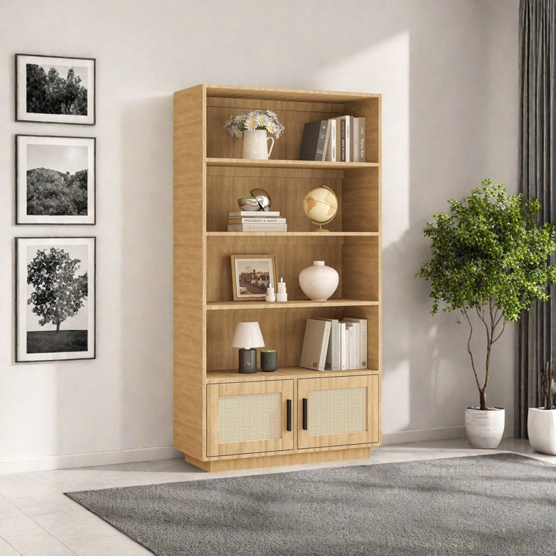 5 Tier Bookshelf, Boho Bookcase With Rattan Doors, Wooden Bookcase And Bookshelf With Storage, Wood