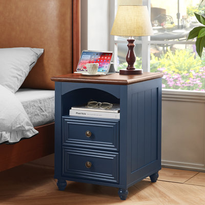 18" Farmhouse Night Stand With Charging Station,Wood Nightstand With 2 Drawers, Bedside End Table With Shelf Storage, Bed Side Tables Cabinet For Bedroom, Living Room, And Closet
