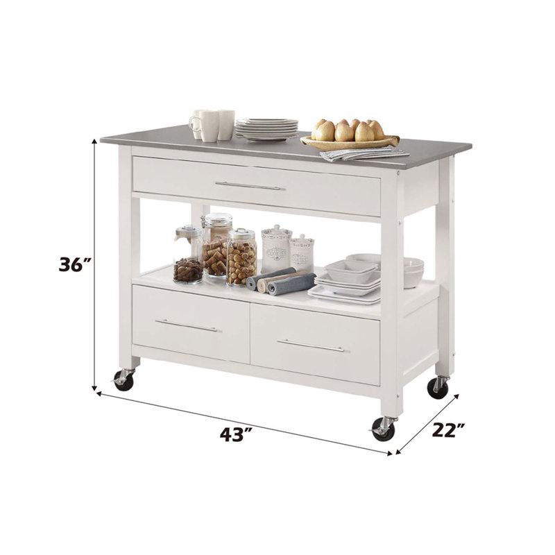 Chariot de cuisine Ottawa, plateau en acier inoxydable et finition blanche
