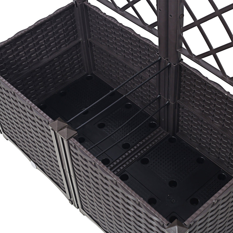 Poly Rattan Brown Trellis Raised Bed With Drainage Plug - 2 Removable Pots With Large Flower Boxes