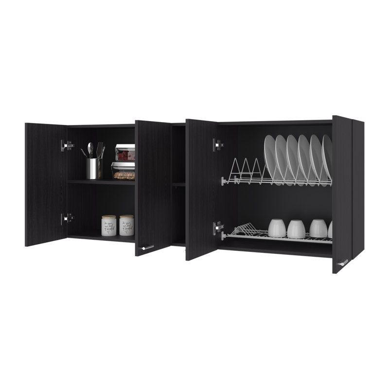 Armoire de rangement murale Latitude Run® Jewlia 150 cm (L) à 4 portes avec étagères ouvertes – Wengé, Noir