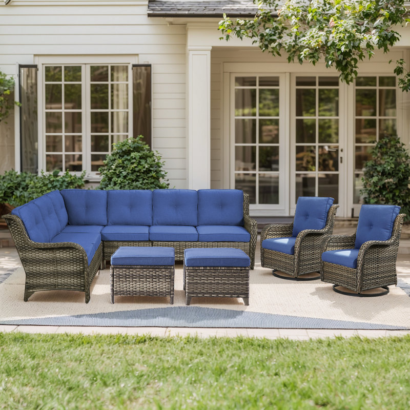 6-Piece Outdoor PE Rattan Sectional Seating Group With Cushions, Gray, Blue