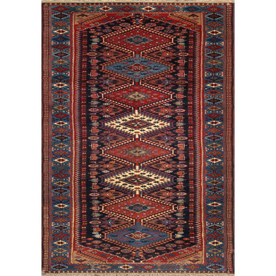 Yalameh Hand Knotted Wool Geometric Area Rug in Navy