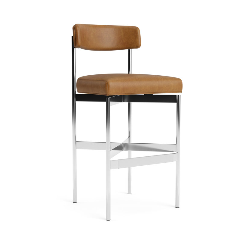 Remy Leather Bar Stool, Polished Stainless Steel, Bedford - Saddle, Bar Stool (31” Seat Height)