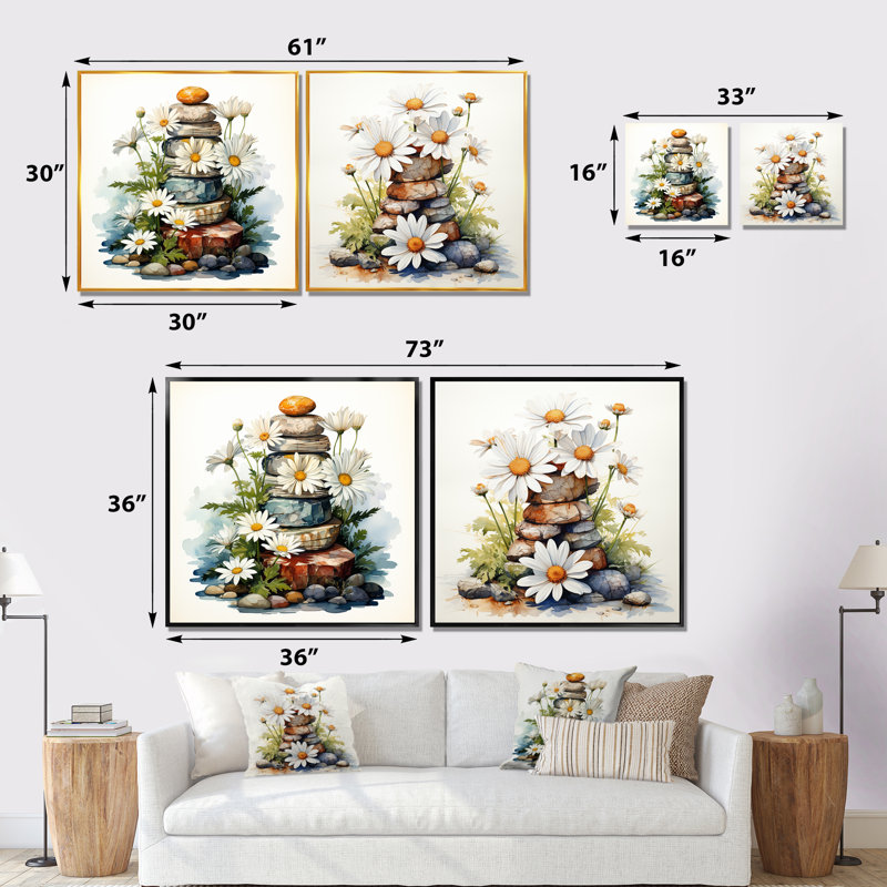 Fleur de marguerite sur pierre calme I - ensemble de 2 impressions sur toile marguerite, Encadrement brun