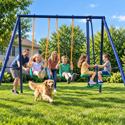 Heavy-Duty Metal Swing Set for Backyard with 2 Belt Swings and 2-Person Glider, 400 lb. Capacity Outdoor A-Frame Playset for Kids Ages 3–8, Navy Blue & Green