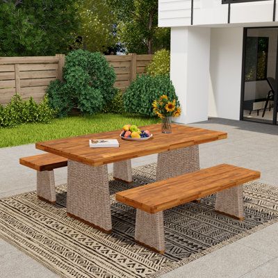 Outdoor 3 Piece Acacia Wood Dining Set With Handwoven Rattan Legs