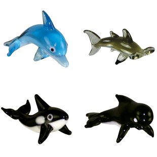 4 Piece Miniature BottlenoseDolphin, HammerHeadShark, Orca, PilotWhale Figurine Set