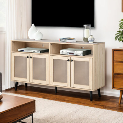 Meuble télé naturel de style Mid-Century naturel pour le salon, avec rond noir, bois d'ingénierie et papier, l 32 po de haut x l 56 po x P 32 po H, assemblage simple requis