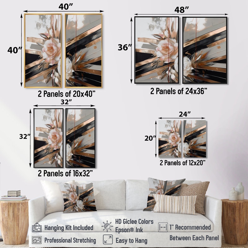 Élégance florale linéaire en or rose III - art mural blanc 2 pièces, 32'' H x 32'' W, Impression encadrée flottante, Gold