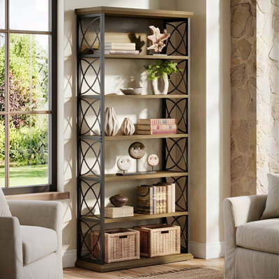 73" Tall Bookshelf with Dual Oval Metal Grille, 6-Tier Industrial Bookcase with Open Shelves for Living Room, Office & Bedroom