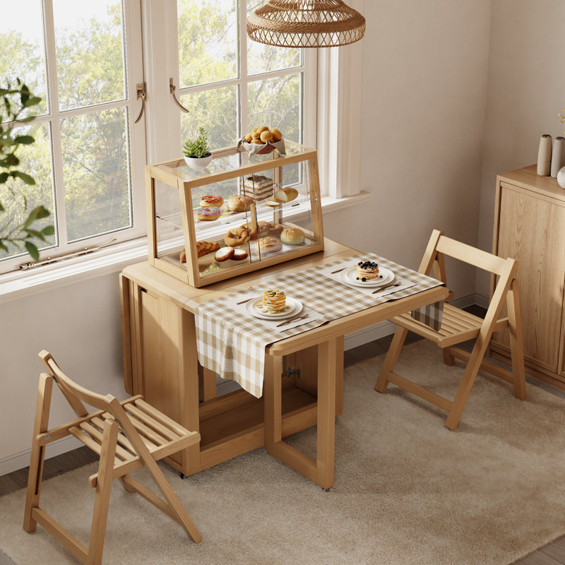 Angelo Solid Wood Expandable Drop Leaf Dining Table with Rolling Casters & Storage Cabinet（Table only, chairs are not included）