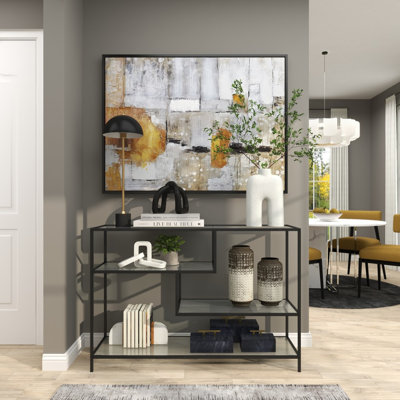 Black Metal 4 Shelf Storage Shelving Unit with Clear Glass Shelves